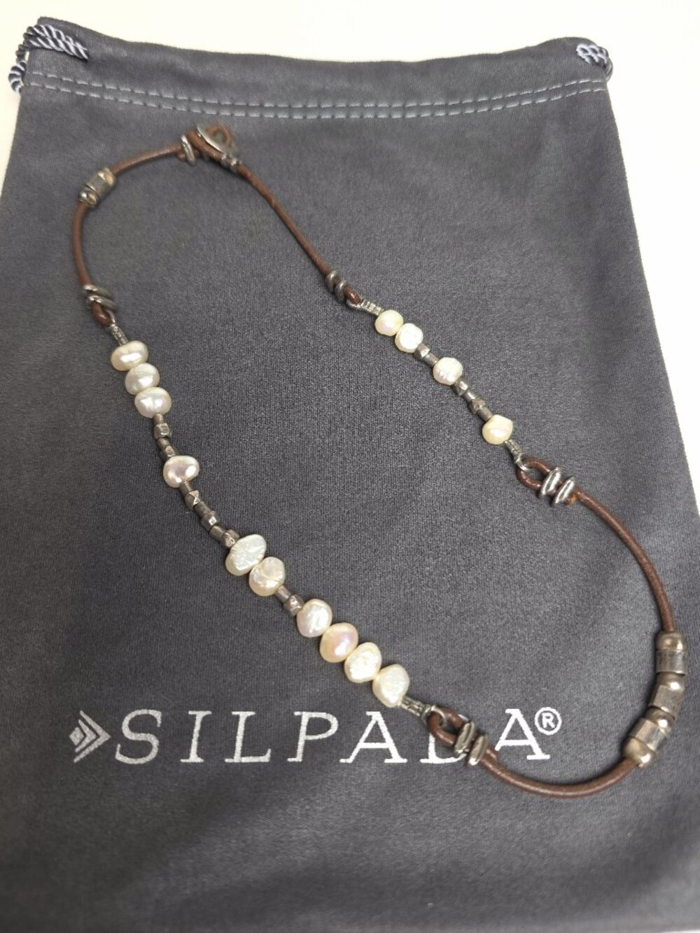 Silpada Freshwater Pearl & Brown Leather Necklace Sterling Silver N1063